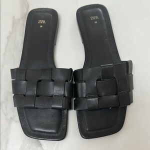 Zara Black Woven Slide Sandals